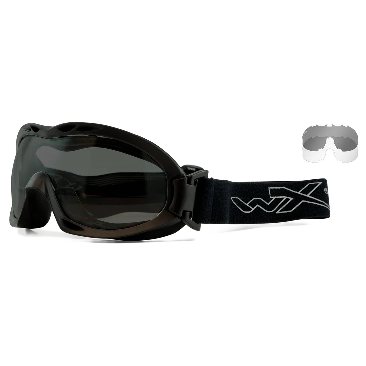Black Wiley X Nerve Tactical Goggles with dark grey lenses and an adjustable strap, designed for outdoor and tactical use, providing maximum eye protection.