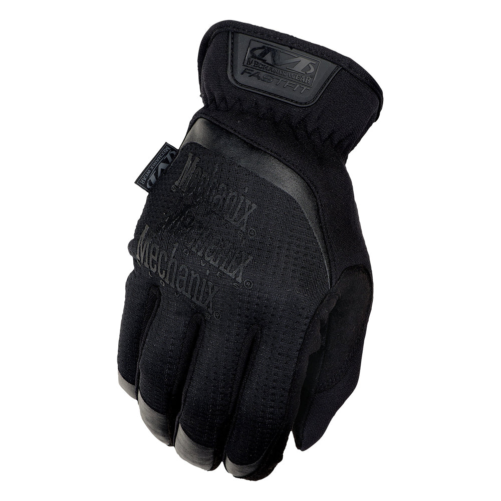 Close-up of Mechanix Wear FastFit Covert Tactical Gloves with textured grip and touchscreen-friendly fingertips, designed for superior hand protection and comfort in field operations.