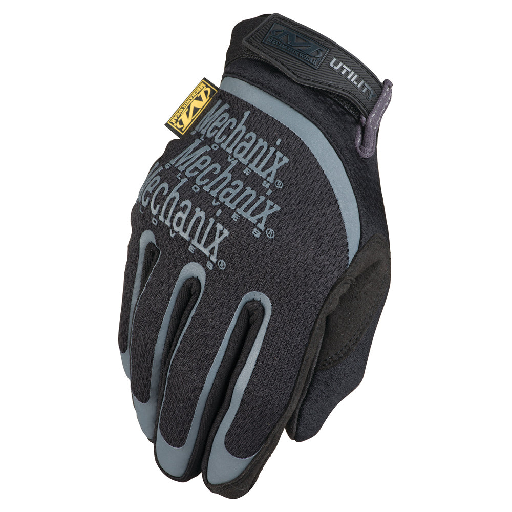 Mechanix Wear Utility Gloves in black and grey with reinforced thumb and touchscreen-compatible synthetic leather palm.