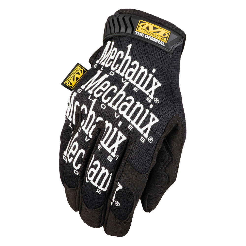 Mechanix Wear The Original Black Work Gloves with adjustable wrist closures and touchscreen-capable fingertips, showcased with clarity.