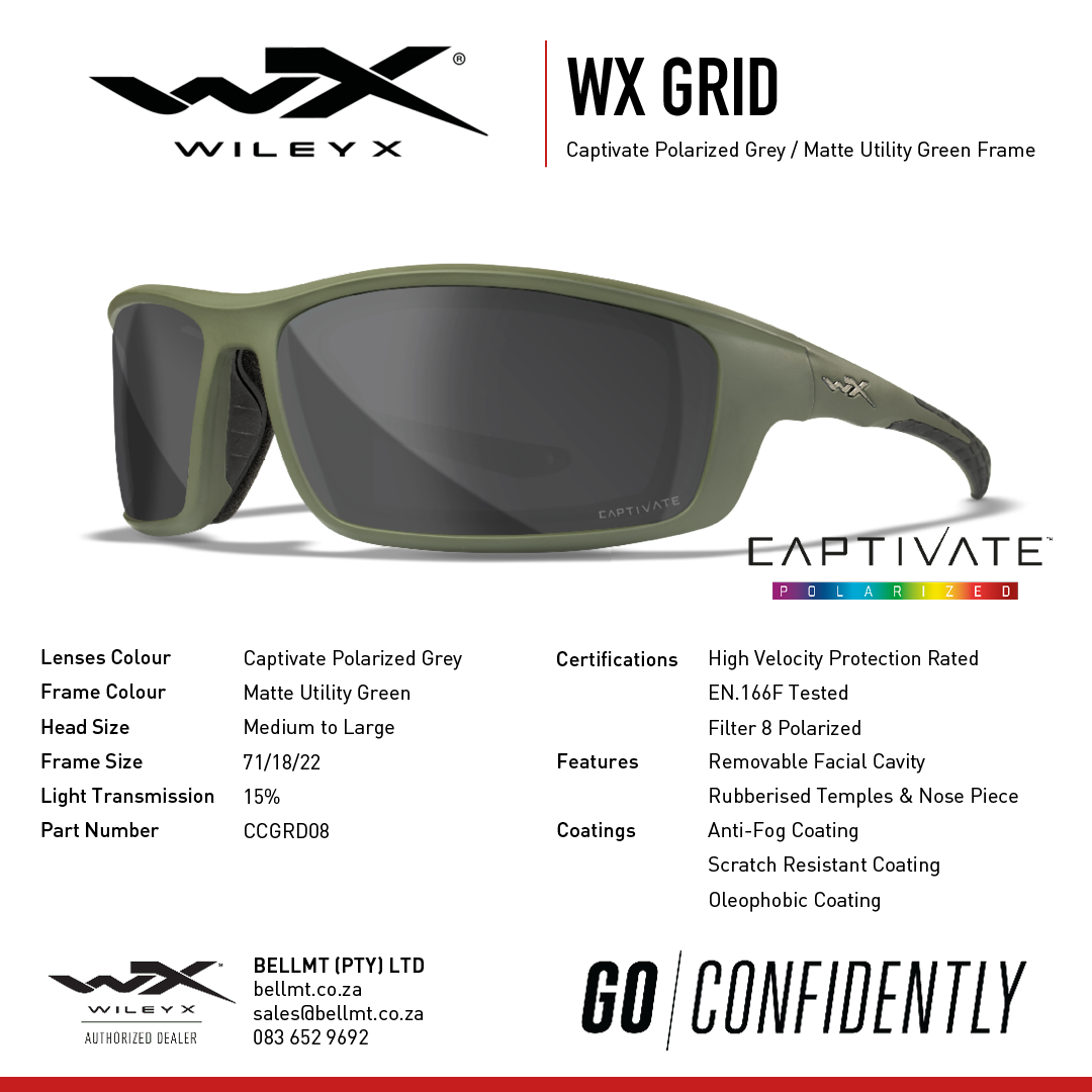 WX Grid Captivate Polarised Grey Matte Utility Green Frame Protective Eyewear - Bellmt