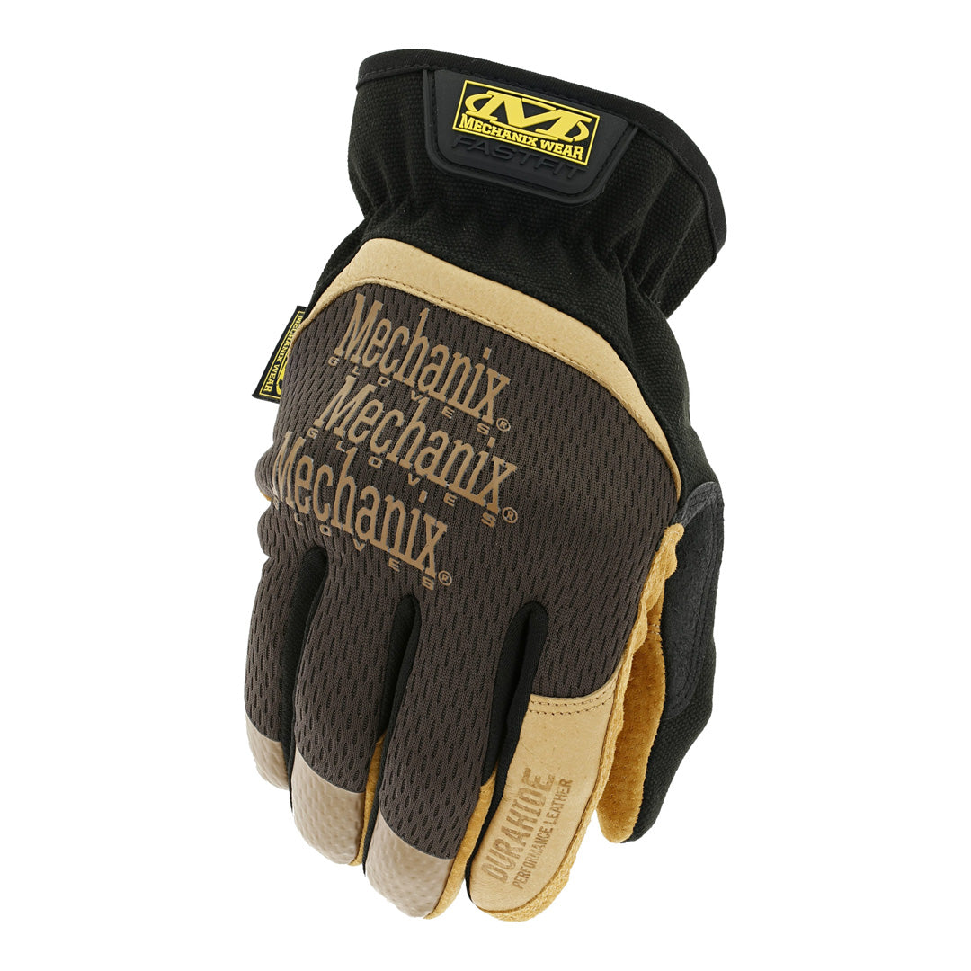 angled top view of brown and tan leather work glove with fastfit cuff and mechanix wear branding