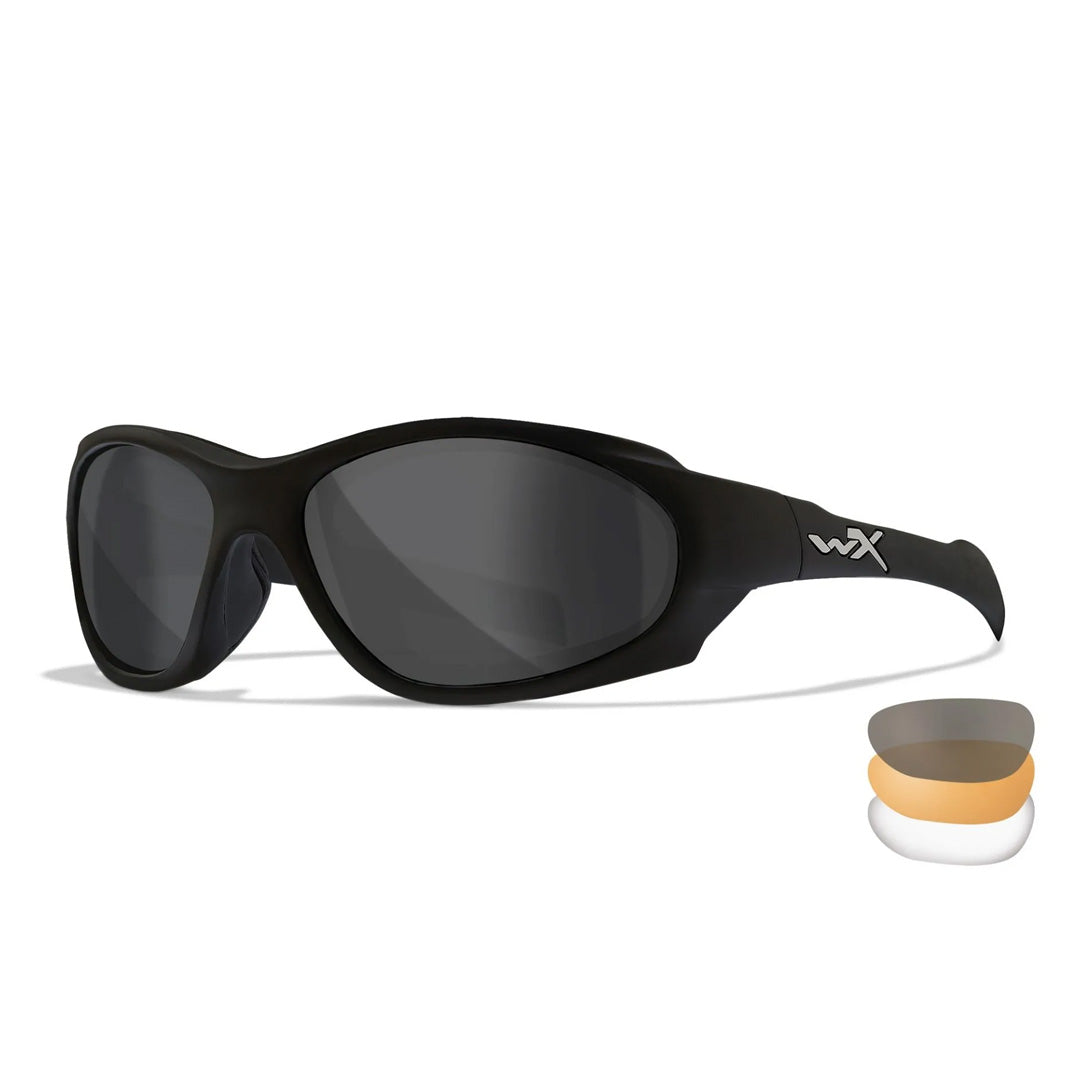 angled front view of wiley x xl-1 advanced comm 2.5 matte black frame with interchangeable grey, light rust, and clear lenses shown  