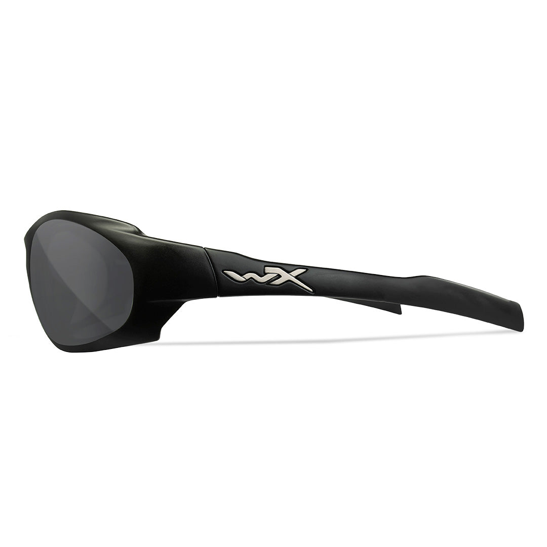 side profile of wiley x xl-1 advanced comm 2.5 matte black frame showing wx logo and thin temple arms 