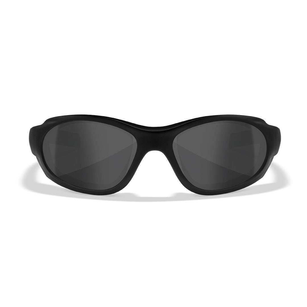 front view of wiley x xl-1 advanced comm 2.5 matte black frame with grey ballistic-rated lenses 