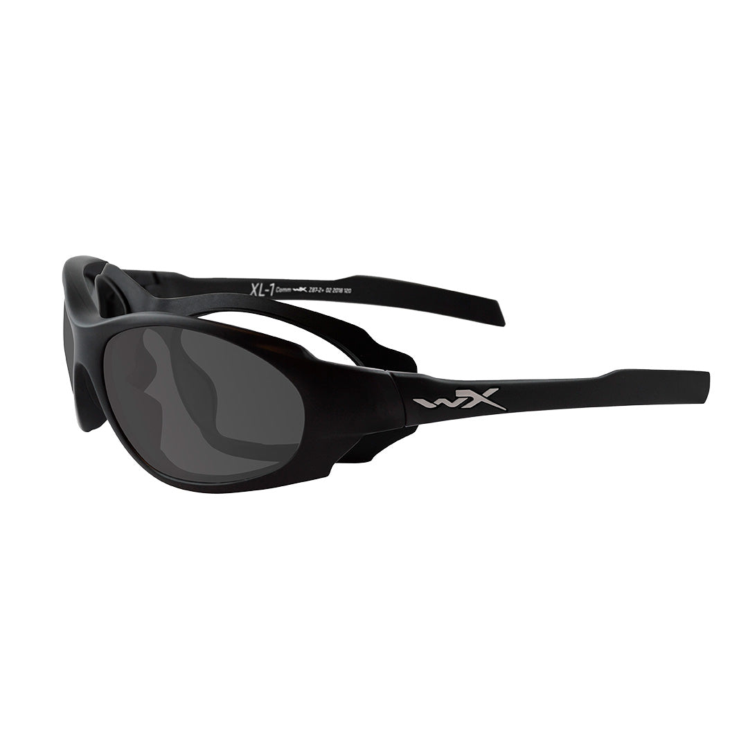 angled side view of wiley x xl-1 advanced comm 2.5 matte black frame with clear ballistic-rated lenses  