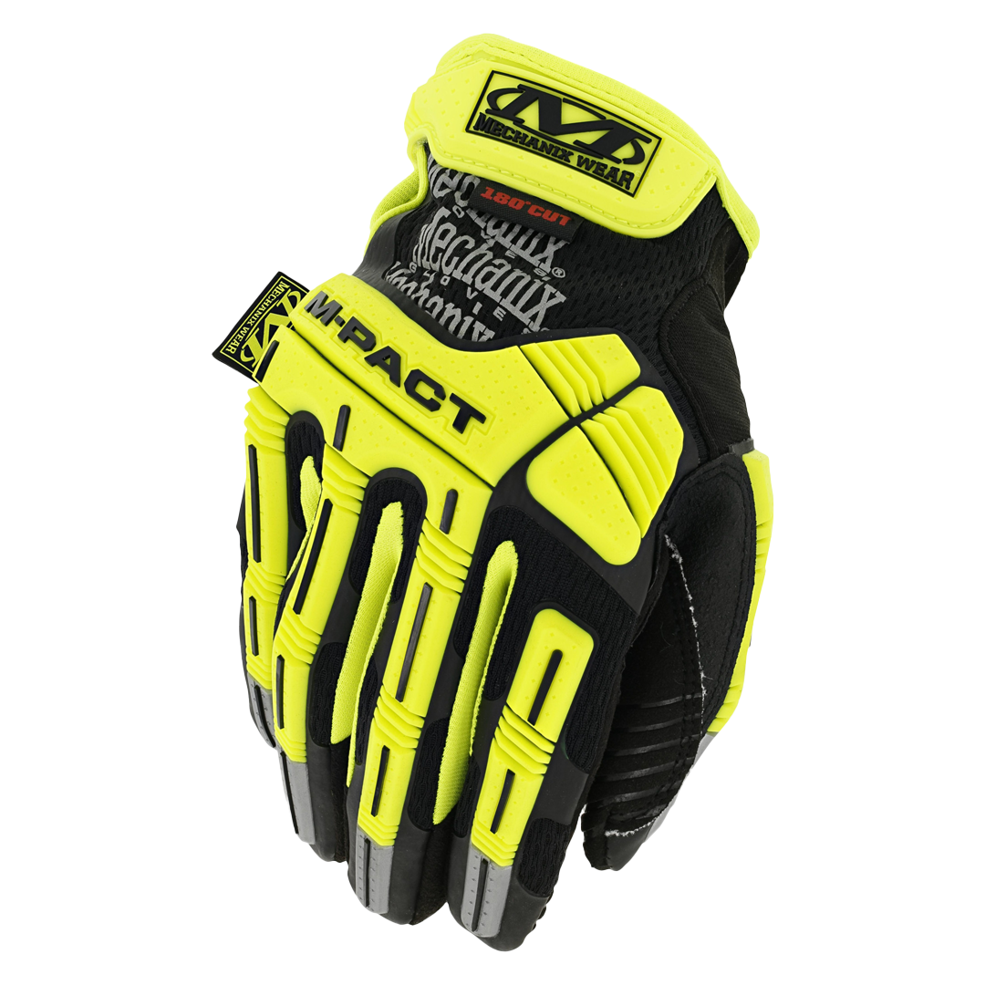 mechanix wear high-visibility impact-resistant glove with yellow tpr knuckle guards and black fabric body, top view