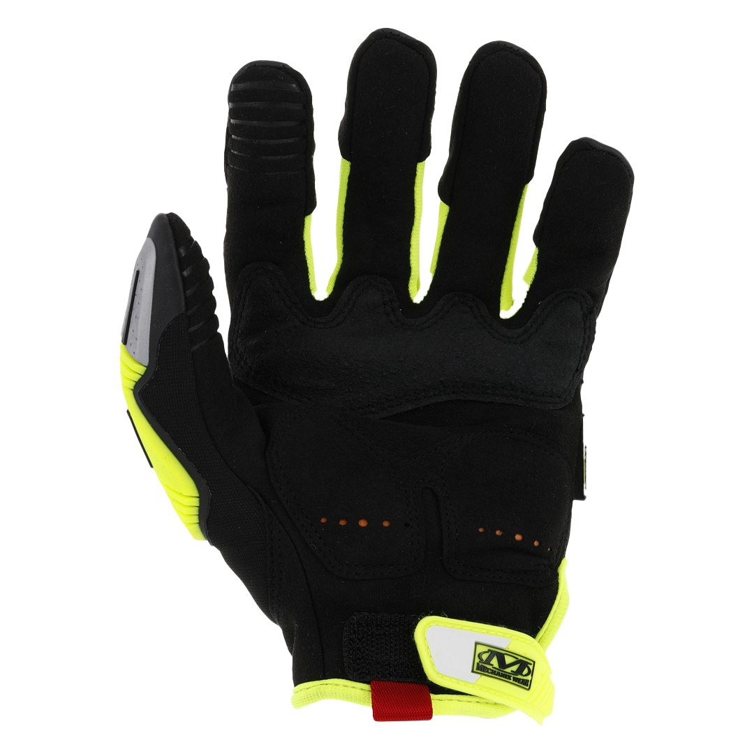palm view of mechanix wear high-visibility impact-resistant glove showing touchscreen-capable synthetic leather and padded grip zones
