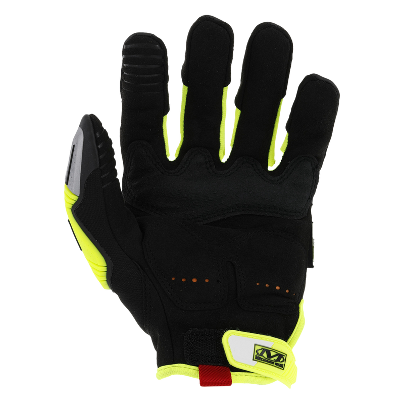 palm view of mechanix wear high-visibility impact-resistant glove showing touchscreen-capable synthetic leather and padded grip zones
